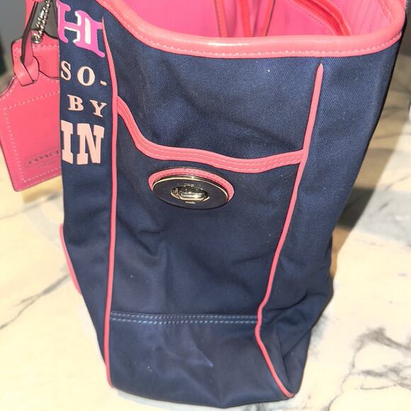 Y2K Vintage Coach Bonnie Cashin Tote Bag Handbag Canvas Blue Pink Leather CLEANN - Picture 9 of 12